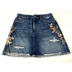 Abercrombie Denim Skirt Women's 26 Distressed Medium Wash Raw Hem Embroidered